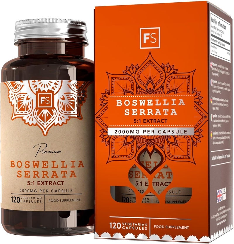 FS Boswellia Serrata Capsules | 120 Boswellia Serrata Extract High Strength Capsules - 2000mg per Serving | Frankincense Resin Supplement | Non-GMO, Gluten & Allergen Free | Made in The UK